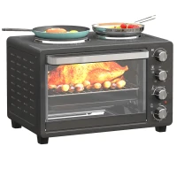 HOMCOM 28L Mini Oven with 2 Hot Plates, Countertop Toaster Oven, Grill, Roast, Bake, Boil, with Timer, Adjustable Temperature, Electric Oven with Baking Tray, Grill Rack, Crumb Tray, 2600W, Black(m-10)