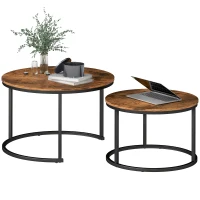 HOMCOM Coffee Table Set of 2, Round Nest of Tables with Metal Frame, Modern Side Tables for Living Room, Rustic Brown(m-11)