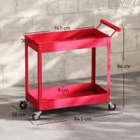 DURHAND Carrello da officina servante a 2 livelli, maniglia laterale e ruote bloccabili, 84,5x38x84cm, rosso(m-3)