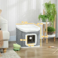 PawHut Cat House for Indoor Kittens, 2-Level Cat Cave Bed with Fluffy Balls, Top Bed, Kitten Barrel for Multi Kitties, Grey(m-3)
