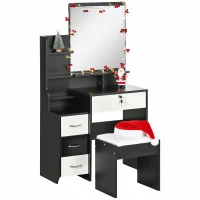 HOMCOM Ensemble de coiffeuse table de maquillage avec tabouret rembourré grand miroir + plusieurs étagères ouvertes + 4 tiroirs blanc noir(m-1)