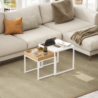 HOMCOM Set di Tavolini da Caffè Impilabili Moderni con Vassoio, 45x45x45 cm, Bianco e Rovere(m-7)