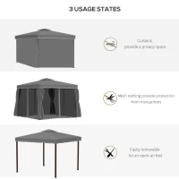 Outsunny 3 x 3(m) Patio Gazebo Canopy Garden Pavilion Tent Shelter Marquee with 2 Tier Water Repellent Roof, Mosquito Netting and Curtains, Aluminium Frame, Dark Grey(m-6)