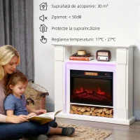 HOMCOM Șemineu Electric Reglabil cu Flacără 3D, Temporizator și Telecomandă Alb(m-7)