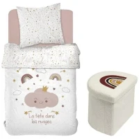 Ensemble parure de lit enfant + coffre de rangement pouf pliable - TODAY - ARC EN CIEL - 140 x 200 cm - Coton(m-1)