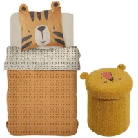 Ensemble parure de lit enfant + coffre de rangement pouf pliable - TODAY - JUNGLE - 140 x 200 cm - Coton(m-1)