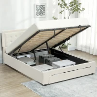 HOMCOM Double Ottoman Bed Frame, with Front Drawer - Cream(m-10)