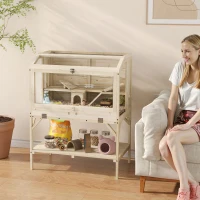 PawHut Hamsterkooi, 2 niveaus, kleindierkooi met opbergvak, accessoires, 84 x 53 x 110 cm, natuurhout(m-2)