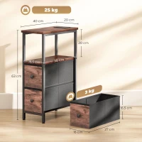 HOMCOM Table d'appoint avec station de charge, cadre en acier, 2 tiroirs en tissu, niche ouverte, 20cm x 40cm x 63cm, Marron rustique(m-3)