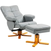 HOMCOM PU Leather Swivel Recliner Chair with Footstool, Wooden Base and Storage for Living Room, Light Grey(m-11)