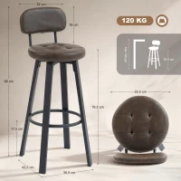 HOMCOM Juego de 2 Taburetes Altos de Cocina Giratorios Tapizados de PU con Respaldo Marco de Metal Reposapiés Marrón Oscuro(m-3)