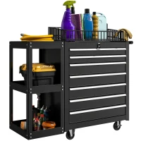 HOMCOM Workshop Trolley Tool Cart with 7 Drawers Removable Side Shelf 4 Casters with Brake, 96x33.5x75cm, Black(m-6)