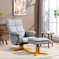 HOMCOM PU Leather Swivel Recliner Chair with Footstool, Wooden Base and Storage for Living Room, Light Grey(m-2)