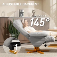 HOMCOM PU Leather Swivel Recliner Chair with Footstool, Wooden Base and Storage for Living Room, Light Grey(m-4)