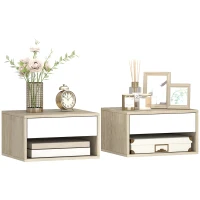 HOMCOM Set de 2 noptiere montate pe perete, noptiere, sertar, compartiment deschis, blat, 37 x 32 x 21 cm, lemn natural(m-8)