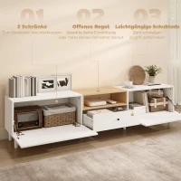HOMCOM 200 cm TV-Kommode für Fernseher bis zu 90 Zoll, 2 Klappenfächer, offenes Fach, Schublade, 8 Beine, Spanplatte, Weiß(m-4)