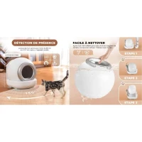 KITTY - Litiere autonettoyante pour chats 65 L démontable et lavable - Connectivité APP- 57 x 50 x 53 cm(m-4)