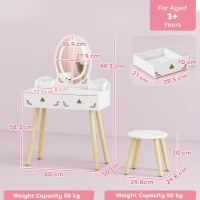 AIYAPLAY Kids Vanity Table and Chair Set with 3-Colour LED Lights Mirror, Drawer, Storage Boxes, for 3+ Years, White(m-3)