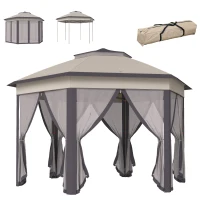 Outsunny 3 x 4m Garden Gazebo Hexagon Pop Up Gazebo Party Tent Canopy Double Roof Instant Shelter with Netting and Carry Bag for Outdoor Patio, Beige(m-10)