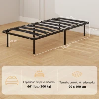 HOMCOM Estructura de Cama 90x190 cm con Marco de Acero Láminas de Álamo y Espacio de Almacenamiento Carga 350 kg Negro(m-3)