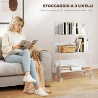 HOMCOM Carrello Portalibri Moderno a 3 Livelli con Ruote Girevoli per Libri e Riviste, 69x26x108 cm, Bianco(m-6)