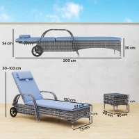 Outsunny Conjunto de 2 Tumbonas con Cojín y Respaldo Ajustable 5 Posiciones y 1 Mesita de Ratán Sintético Color Gris(m-3)