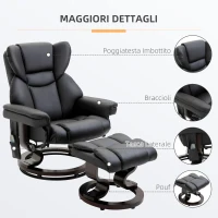 HOMCOM Poltrona Relax con Pouf Poggiapiedi e Funzione Massaggio, Reclinabile a 145° e Girevole a 360°, Nero(m-7)