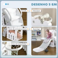 AIYAPLAY Escorrega Infantil 5 em 1 para Crianças com Cesto de Basquetebol Telescópio Escalador e Cesta Inferior 70x177x92 cm Branco e Cinza(m-4)