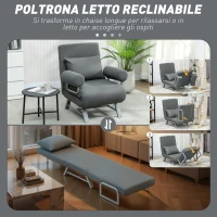 HOMCOM Poltrona Letto 3 in 1 con Schienale Reclinabile su 5 Livelli, in Tessuto Effetto Lino, 73x78x81 cm, Grigio Scuro(m-4)