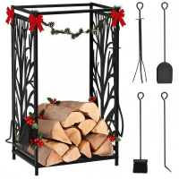 HOMCOM Porte bûches - Range bûches Serviteur de cheminée Arbre - Multi Accessoires étagère 46L x 29l x 70H cm Acier Noir(m-1)