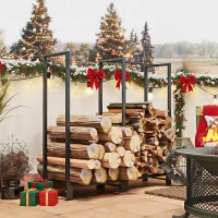 Outsunny Porte-bûches, range-bûches, avec deux compartiments, 3 crochets, base surélevée, , 123L x 32l x 115H cm, acier, noir(m-2)