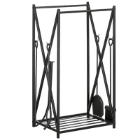 HOMCOM Porte bûches - Range bûches Serviteur de cheminée - Multi Accessoires étagère 46L x 30l x 76H cm Acier Noir(m-12)