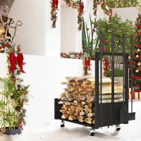 Outsunny Range-bûches porte-bûches avec roues pelle balai tisonnier pince pour intérieur 48l x 30P x 76H cm métal noir(m-2)