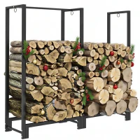 Outsunny Porte-bûches, range-bûches, avec deux compartiments, 3 crochets, base surélevée, , 123L x 32l x 115H cm, acier, noir(m-11)