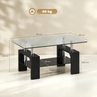 HOMCOM Tavolino da Caffè Moderno a 2 Livelli in Legno e Acciaio con Piano in Vetro Temperato, 90x50x42 cm, Nero(m-3)