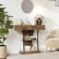HOMCOM Console Table, 3-Tier Industrial Hallway Table with Drawer, Storage Shelves, 91 x 32 x 87 cm, Rustic Brown(m-9)