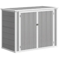Outsunny 4.7 x 2.5FT Garden Shed, Double Bin Storage Shed with Lockable Doors, Outdoor Small Shed with Openable Lid for 2 Trash Cans, Garden Tools, Grey(m-1)
