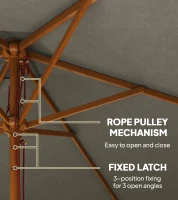Outsunny 2.5m Wood Garden Parasol Sun Shade Patio Outdoor Wooden Umbrella Canopy, Table Market Umbrella with Vent, 38mm Pole, Rope Pulley Mechanism, Grey(m-7)