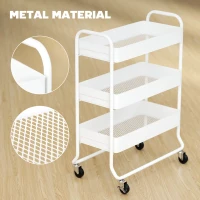 HOMCOM 3-Tier Storage Trolley on Wheels, Rolling Utility Cart with Mesh Backets for Kitchen, Bathroom, Bedroom, White(m-6)