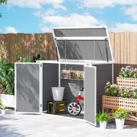 Outsunny 4.7 x 2.5FT Garden Shed, Double Bin Storage Shed with Lockable Doors, Outdoor Small Shed with Openable Lid for 2 Trash Cans, Garden Tools, Grey(m-4)