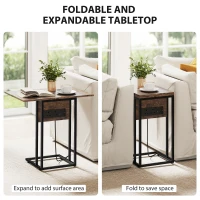 HOMCOM C Shaped Side Table with Charging Station and Foldable Top - Rustic Brown(m-5)
