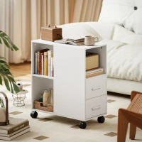 HOMCOM Minimalistischer Beistelltisch auf Rollen mit 2 Schubladen, offenem Fach und verstellbarem Regal, Holz, 60x30x65 cm, Weiß(m-2)