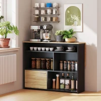 HOMCOM Table de bar extensible avec abattant, table haute cuisine, 1 placard et 4 compartiments ouverts, 116x79,6x90,5cm, noir(m-4)