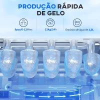 HOMCOM Máquina de Fazer Gelo Silenciosa 12 kg em 24 Horas 9 Cubos em 6-12 Minutos Depósito de Água 1,3 L 22,2x29,4x29 cm Preto(m-4)