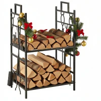 Porte-bûches range bûches étagère à bois de cheminée serviteur de cheminée cerf multi-accessoires 2 étagères dim. 51,5L x 33l x 77H cm métal noir or vieilli(m-1)