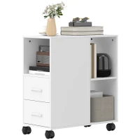 HOMCOM Minimalistischer Beistelltisch auf Rollen mit 2 Schubladen, offenem Fach und verstellbarem Regal, Holz, 60x30x65 cm, Weiß(m-6)