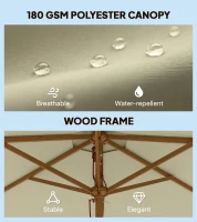 Outsunny 2.5m Wood Garden Parasol Sun Shade Patio Outdoor Wooden Umbrella Canopy, Table Market Umbrella with Vent, 38mm Pole, Rope Pulley Mechanism, Cream White(m-5)