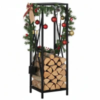 Outsunny Porte bûches - Range bûches Serviteur de cheminée Colonne - Multi Accessoires dim. 34L x 34l x 111H cm métal Noir(m-1)