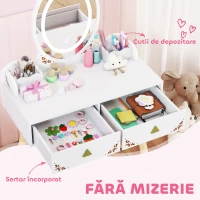 AIYAPLAY Set Măsuță și Scaun pentru Copii cu Oglindă cu Lumini LED în 3 Culori, Sertar, Cutii de Depozitare, pentru 3+ Ani, Alb(m-6)