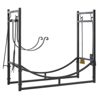 Outsunny Porte bûches - Range bûches Serviteur de cheminée - Multi Accessoires étagère bûche et Petit Bois métal Noir(m-12)